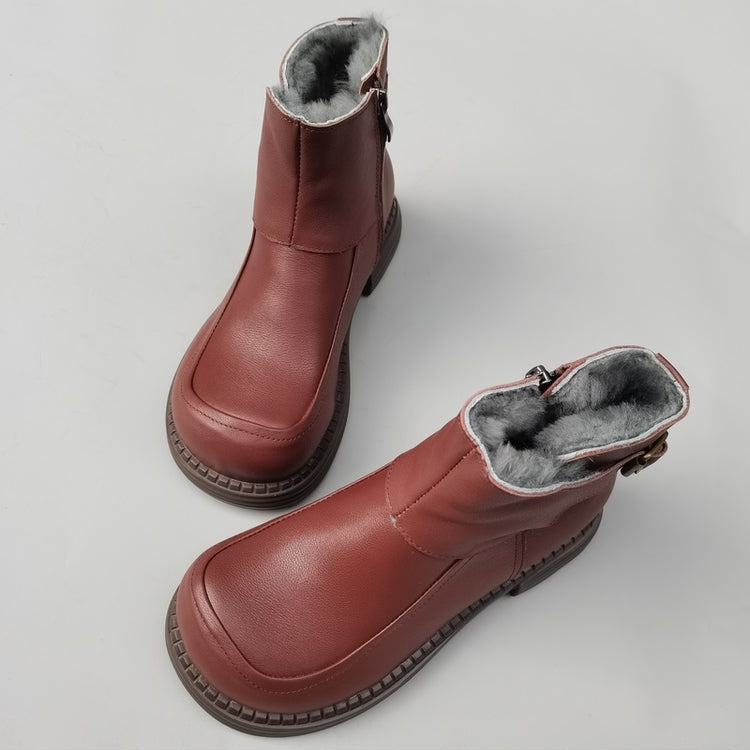 Bottines Derby vintage pour femmes, bout large, en cuir &ndash; Bottines d'hiver doubl&eacute;es en peau lain&eacute;e