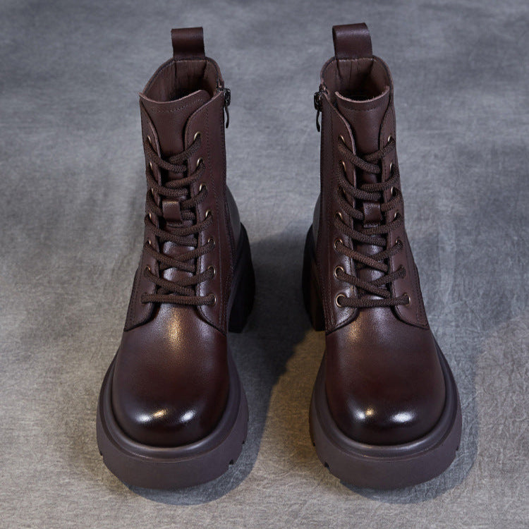 Bottes &agrave; plateforme d&eacute;contract&eacute;es pour femmes en cuir v&eacute;ritable &ndash; Talon &eacute;pais et fermeture &eacute;clair lat&eacute;rale