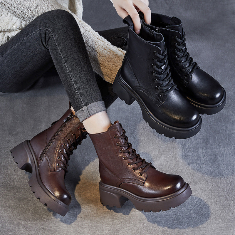 Bottes &agrave; plateforme d&eacute;contract&eacute;es pour femmes en cuir v&eacute;ritable &ndash; Talon &eacute;pais et fermeture &eacute;clair lat&eacute;rale