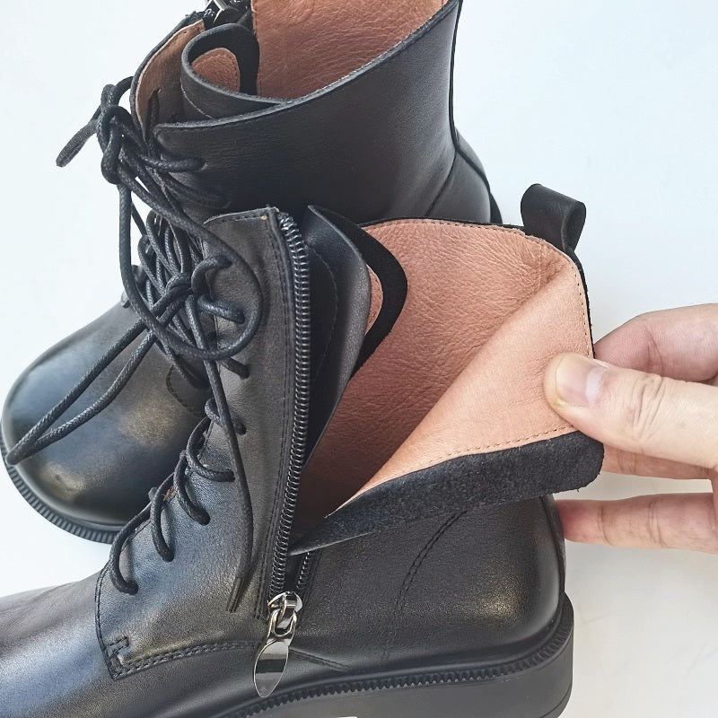 Bottines vintage pour femme, bout large, en cuir v&eacute;ritable &ndash; faites main, semelle souple, style britannique