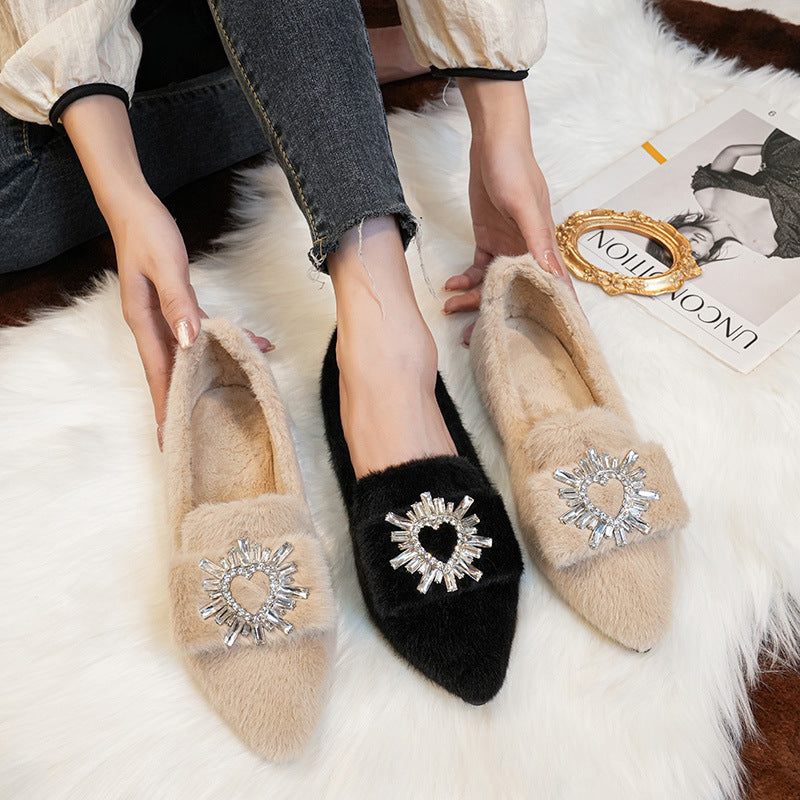 Damen-Loafer aus Kunstpelz, warmes Winterfleece, flache, spitze Strasssteine, Freizeitschuhe