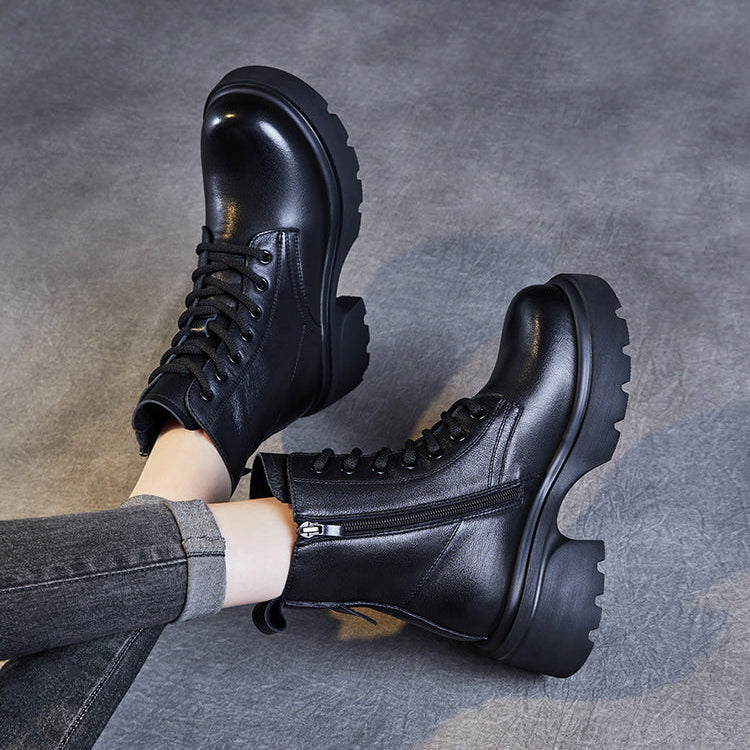 Bottes &agrave; plateforme d&eacute;contract&eacute;es pour femmes en cuir v&eacute;ritable &ndash; Talon &eacute;pais et fermeture &eacute;clair lat&eacute;rale