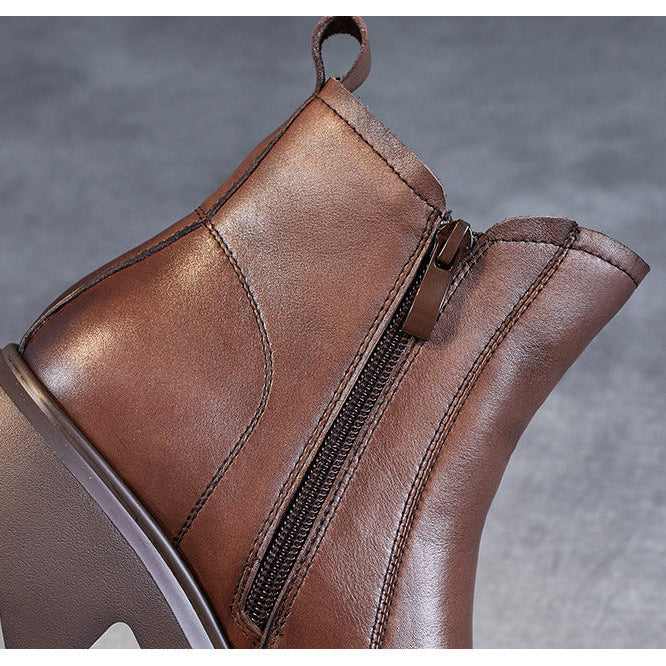 Bottines en cuir pour femme &ndash; Talon compens&eacute; mi-haut &eacute;pais avec fermeture &eacute;clair lat&eacute;rale