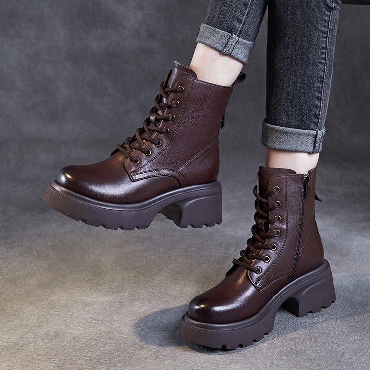 Bottes &agrave; plateforme d&eacute;contract&eacute;es pour femmes en cuir v&eacute;ritable &ndash; Talon &eacute;pais et fermeture &eacute;clair lat&eacute;rale