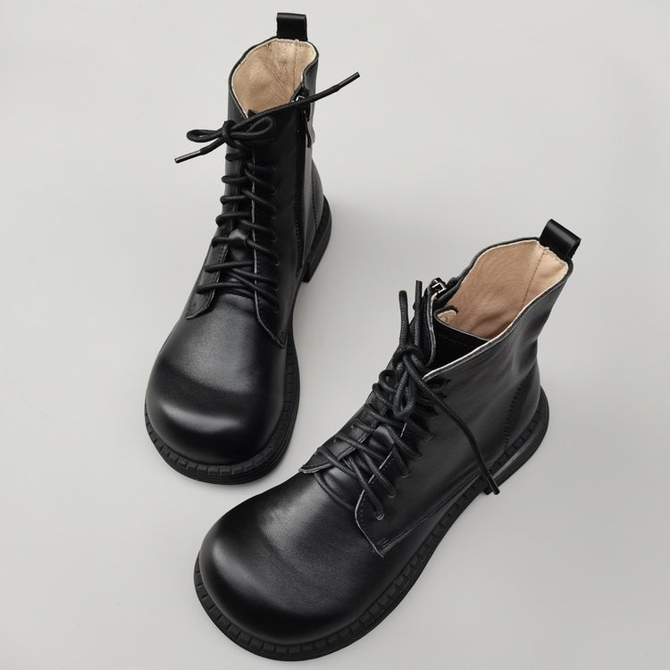 Bottines Martin &agrave; bout large en cuir v&eacute;ritable pour femmes &ndash; Fermeture &agrave; lacets et &agrave; fermeture &eacute;clair