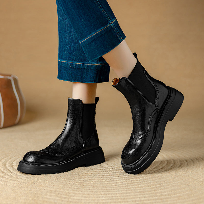 Bottines Chelsea &agrave; plateforme en cuir pour femme, style brogue, hauteur cheville