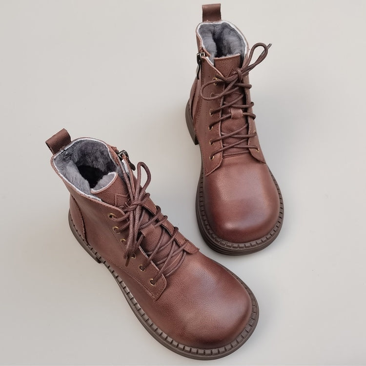 Bottes vintage pour femmes, bout large, en cuir et peau lain&eacute;e &ndash; Style hivernal confortable &agrave; la cheville