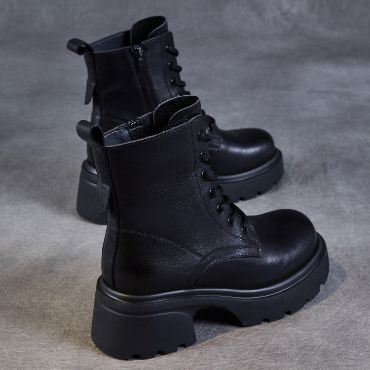 Bottes &agrave; plateforme d&eacute;contract&eacute;es pour femmes en cuir v&eacute;ritable &ndash; Talon &eacute;pais et fermeture &eacute;clair lat&eacute;rale
