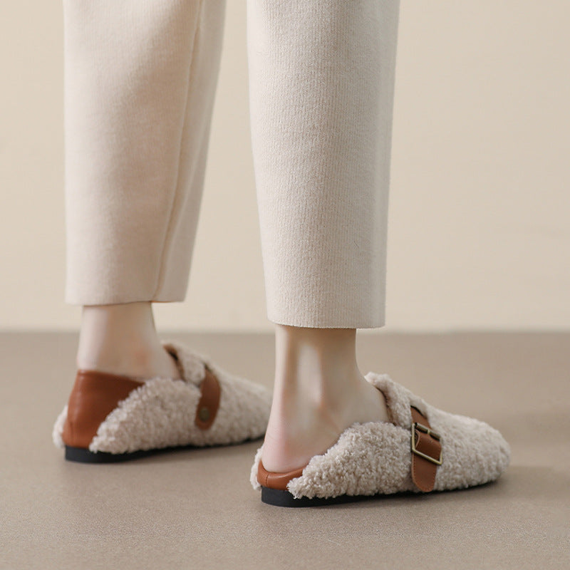 Damen-Loafer aus Kunstpelz, warmes Winterfleece, flache Metallschnallen, Freizeitschuhe