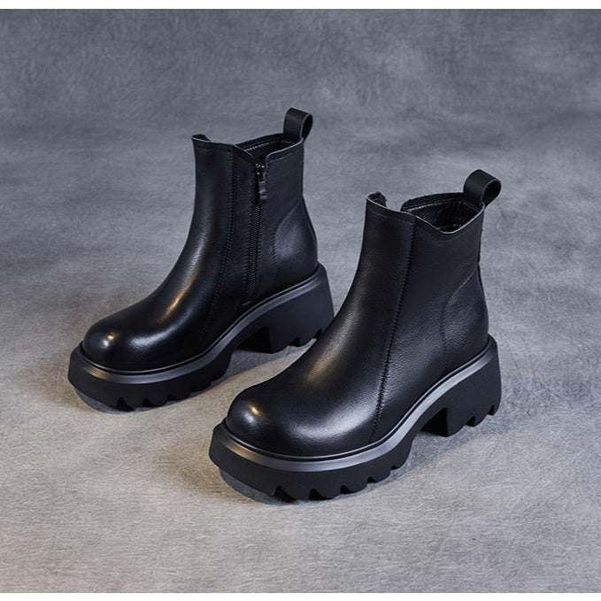 Bottines en cuir pour femme &ndash; Talon compens&eacute; mi-haut &eacute;pais avec fermeture &eacute;clair lat&eacute;rale