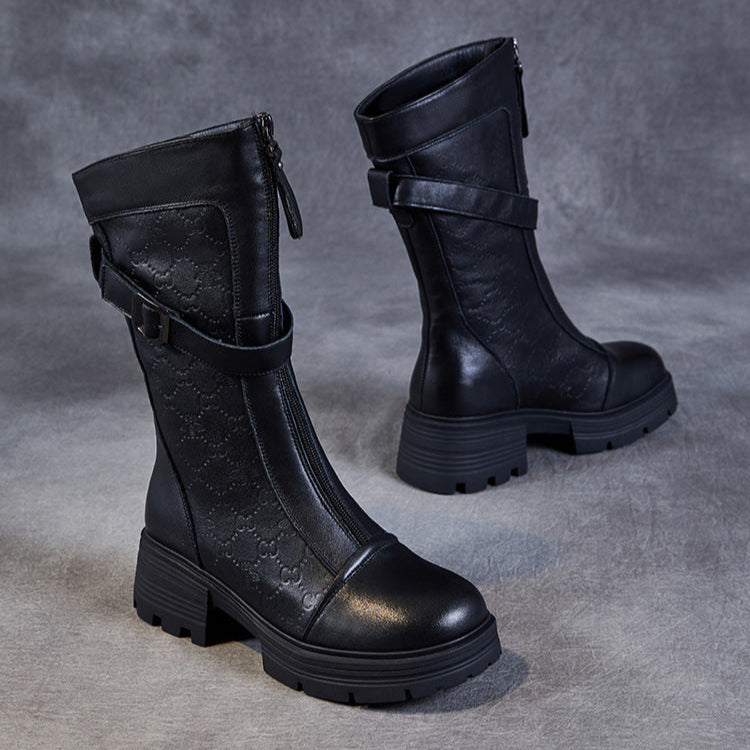 Bottes mi-mollet pour femme en cuir v&eacute;ritable emboss&eacute; &ndash; Talon compens&eacute; &eacute;pais avec boucle
