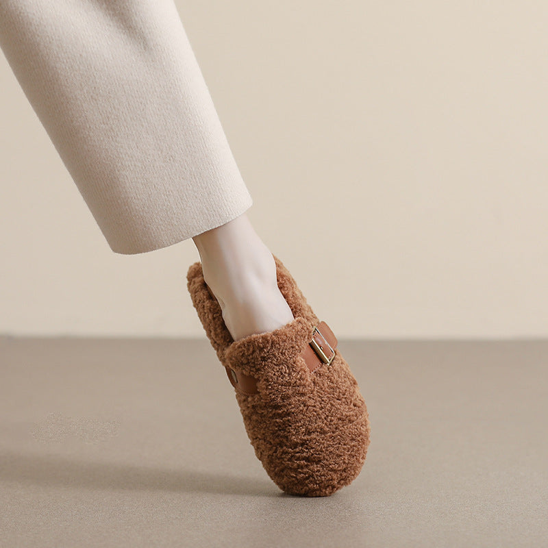 Damen-Loafer aus Kunstpelz, warmes Winterfleece, flache Metallschnallen, Freizeitschuhe
