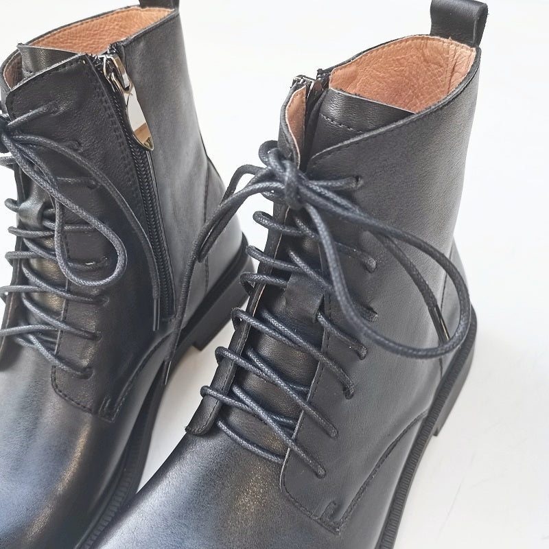 Bottines vintage pour femme, bout large, en cuir v&eacute;ritable &ndash; faites main, semelle souple, style britannique