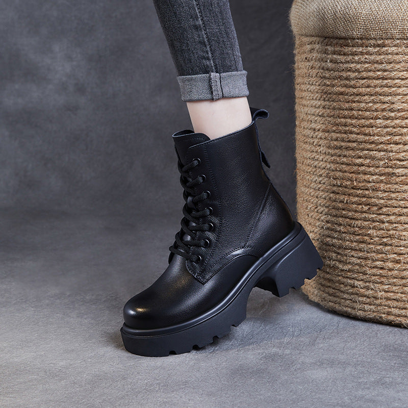 Bottes &agrave; plateforme d&eacute;contract&eacute;es pour femmes en cuir v&eacute;ritable &ndash; Talon &eacute;pais et fermeture &eacute;clair lat&eacute;rale