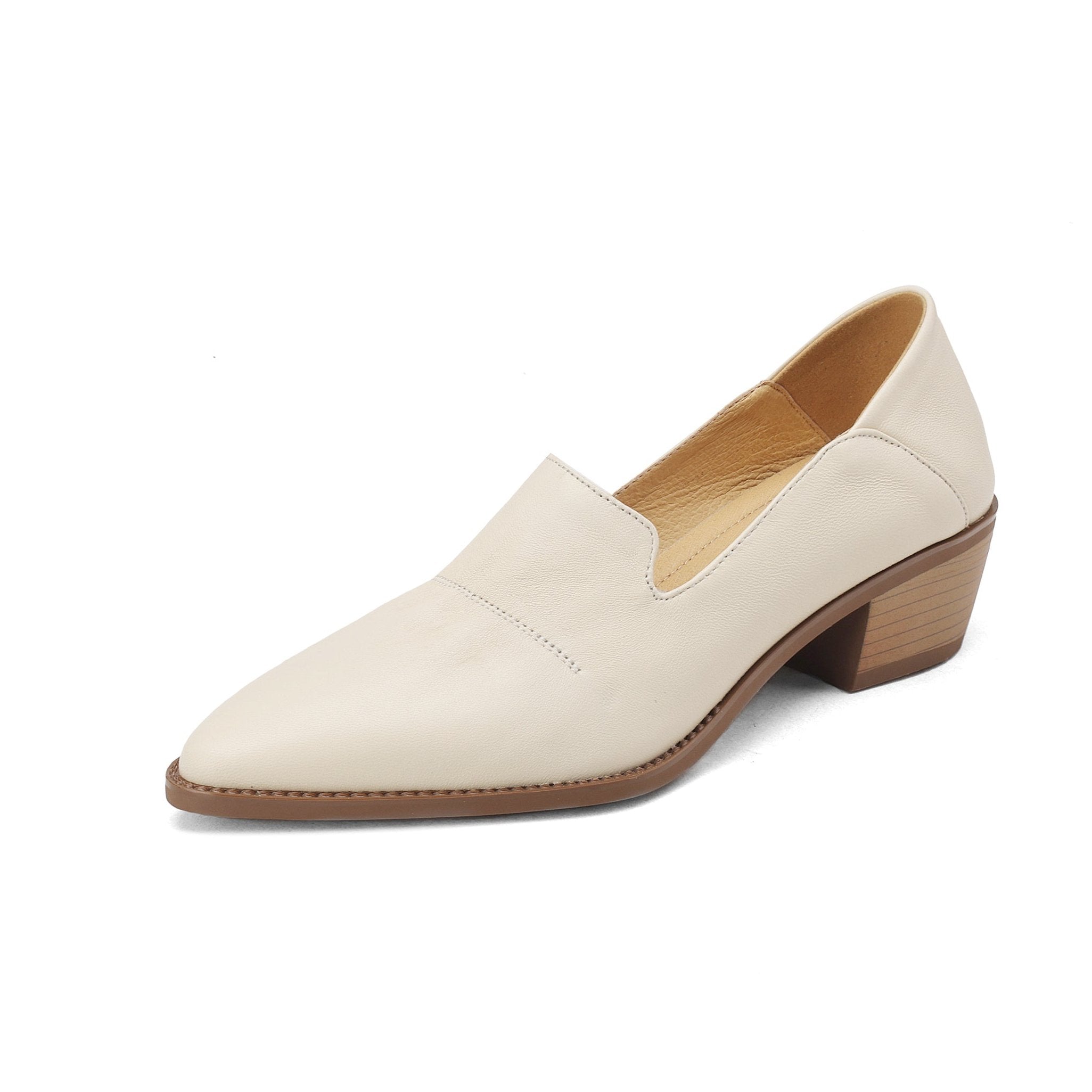 Handgefertigte Damen-Loafer mit spitzer Zehenpartie und Blockabsatz