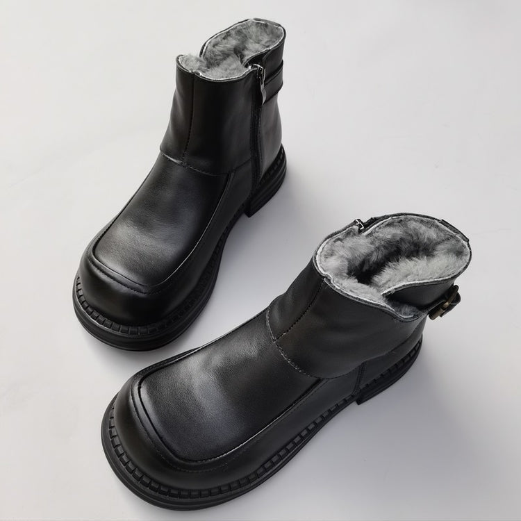 Bottines Derby vintage pour femmes, bout large, en cuir &ndash; Bottines d'hiver doubl&eacute;es en peau lain&eacute;e