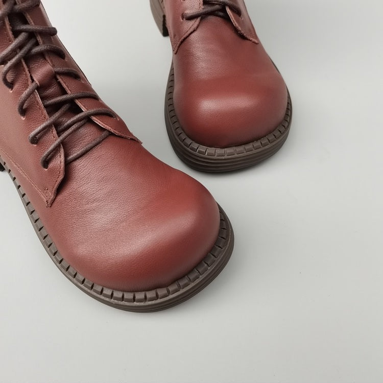 Bottines Martin &agrave; bout large en cuir v&eacute;ritable pour femmes &ndash; Fermeture &agrave; lacets et &agrave; fermeture &eacute;clair