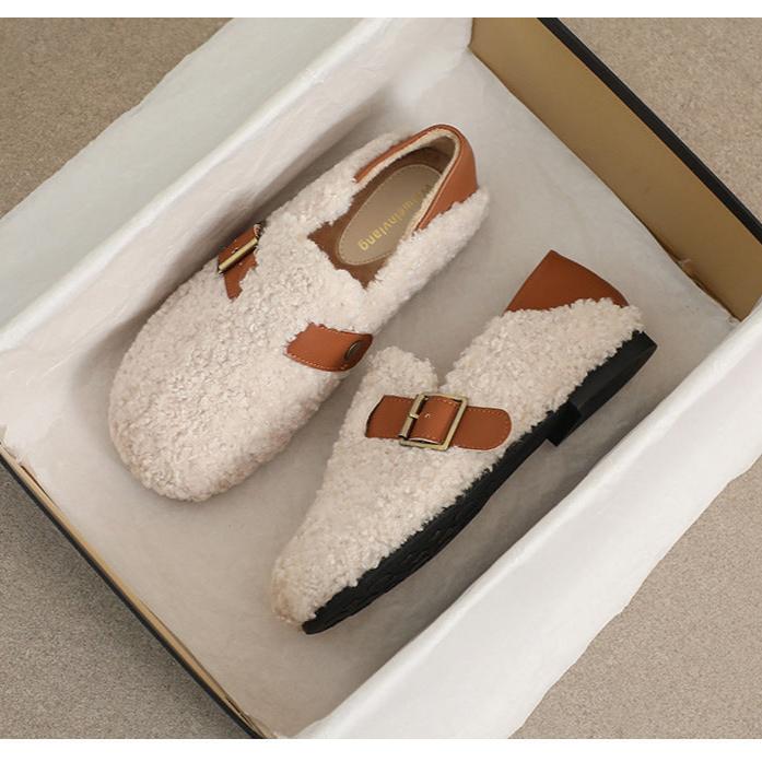 Damen-Loafer aus Kunstpelz, warmes Winterfleece, flache Metallschnallen, Freizeitschuhe