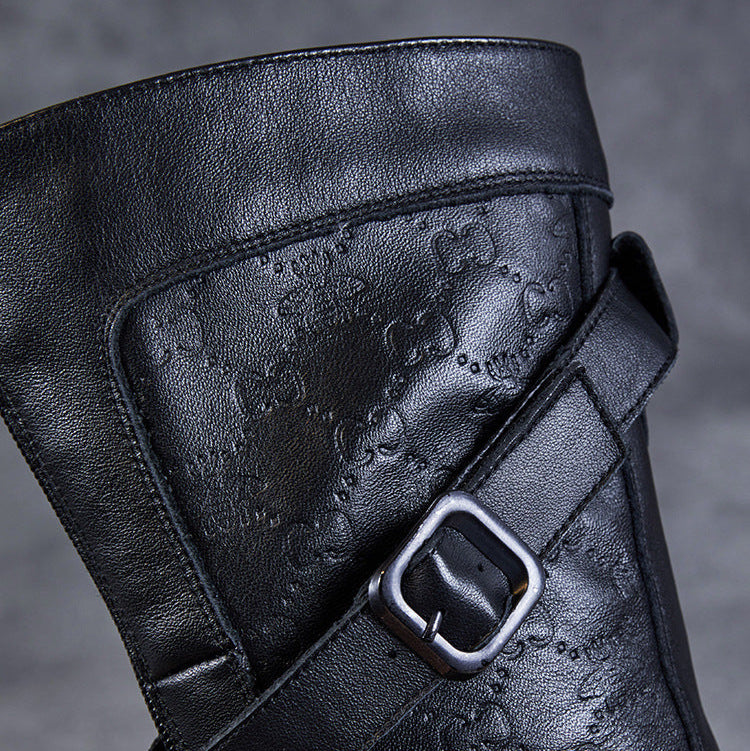 Bottes mi-mollet pour femme en cuir v&eacute;ritable emboss&eacute; &ndash; Talon compens&eacute; &eacute;pais avec boucle