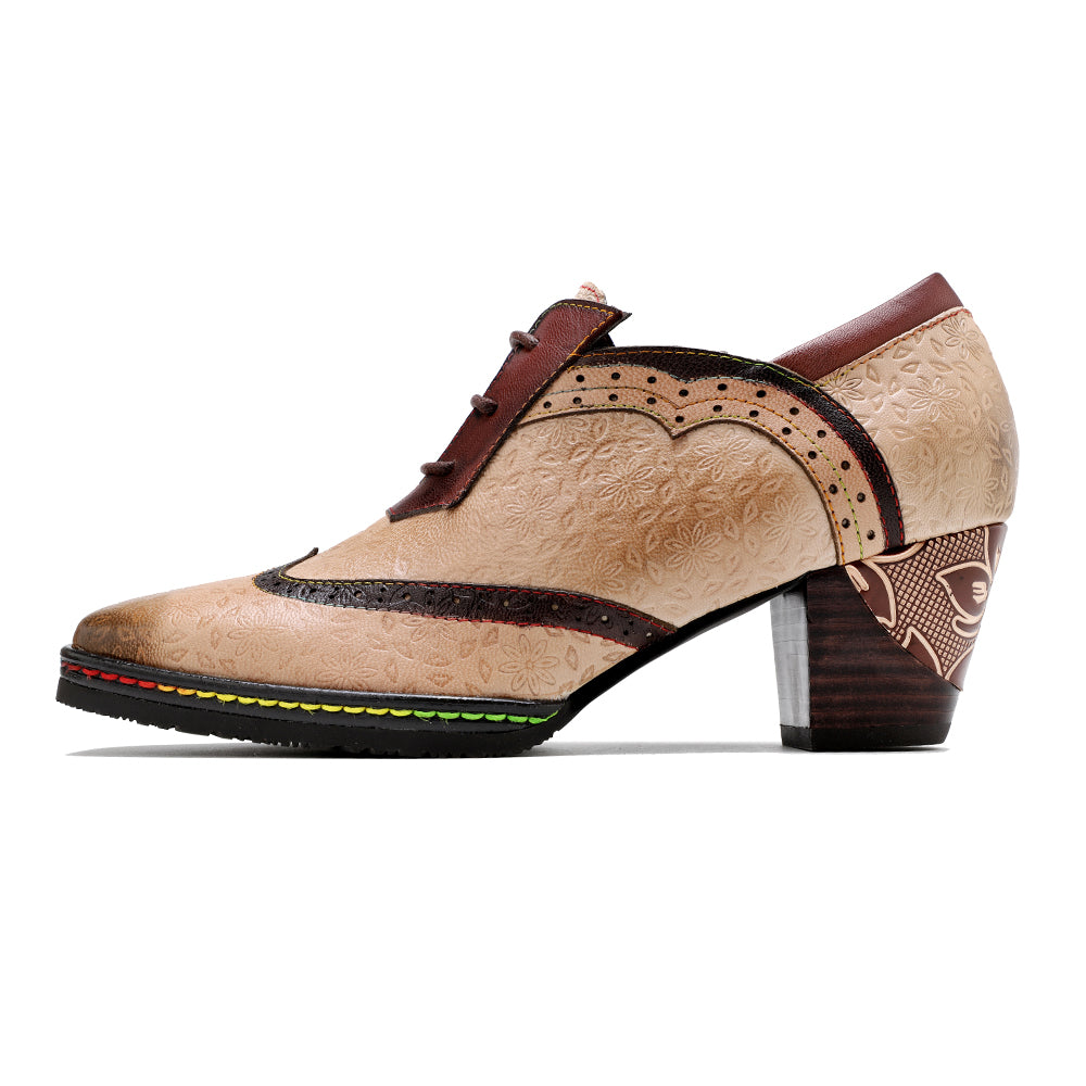 Damskie buty typu oksford, ręcznie robione, sk&oacute;rzane, w stylu retro, na obcasie typu brogs