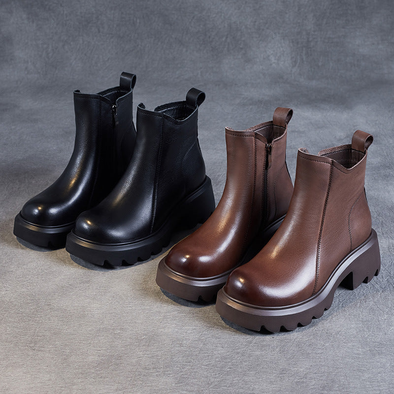 Bottines en cuir pour femme &ndash; Talon compens&eacute; mi-haut &eacute;pais avec fermeture &eacute;clair lat&eacute;rale
