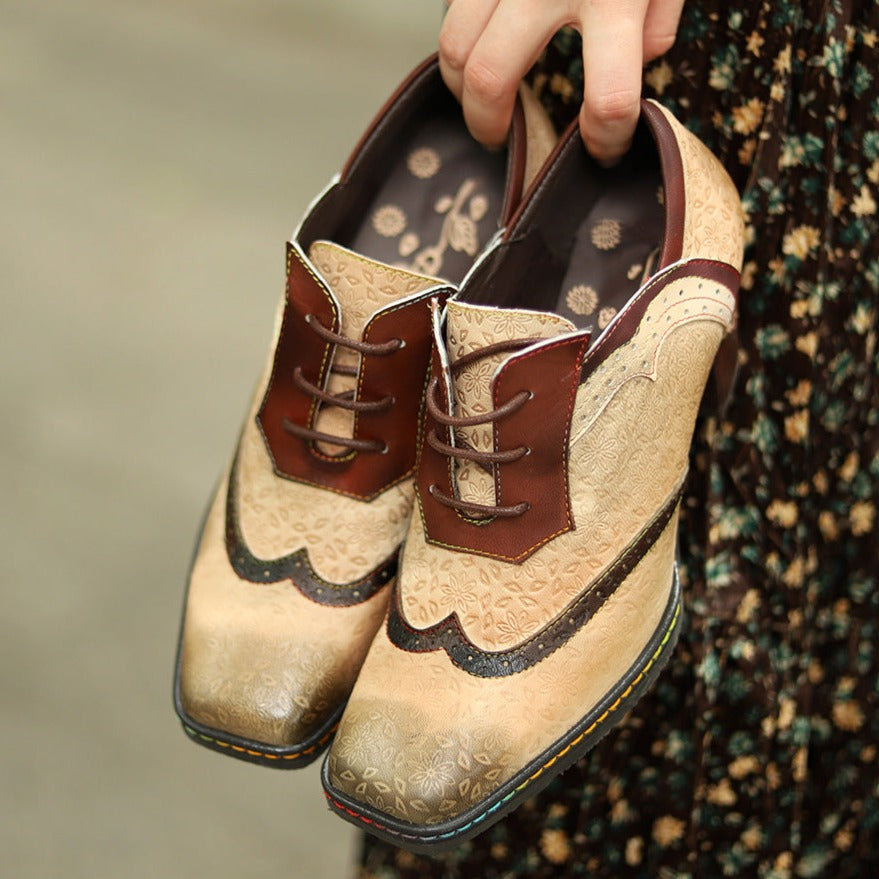 Damskie buty typu oksford, ręcznie robione, sk&oacute;rzane, w stylu retro, na obcasie typu brogs