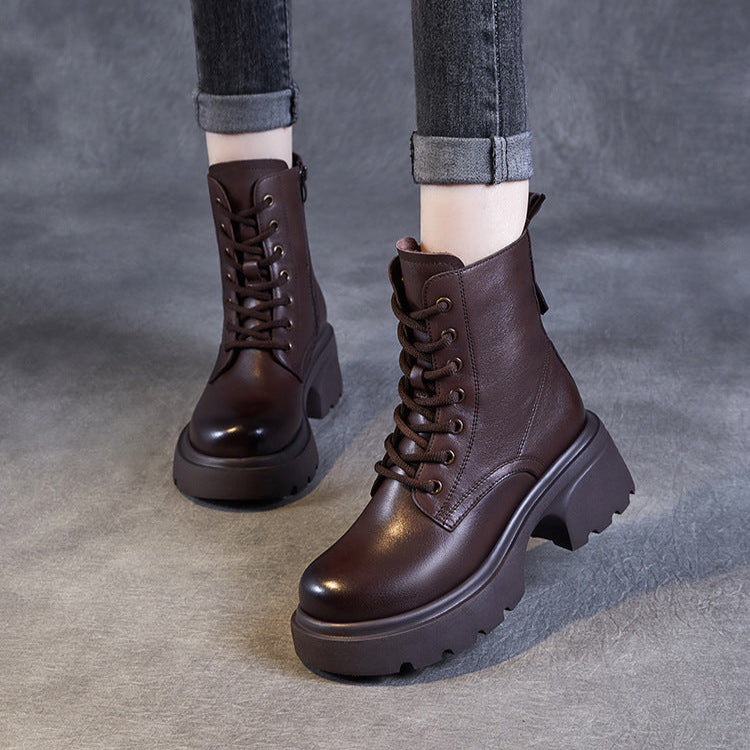 Bottes &agrave; plateforme d&eacute;contract&eacute;es pour femmes en cuir v&eacute;ritable &ndash; Talon &eacute;pais et fermeture &eacute;clair lat&eacute;rale