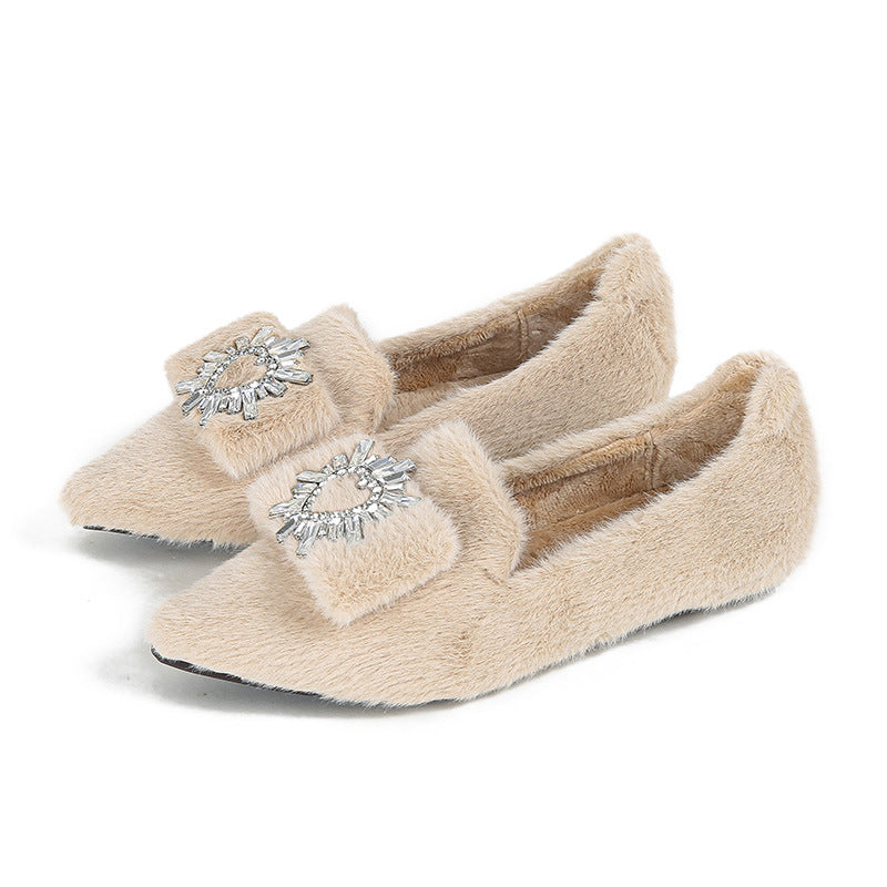 Damen-Loafer aus Kunstpelz, warmes Winterfleece, flache, spitze Strasssteine, Freizeitschuhe