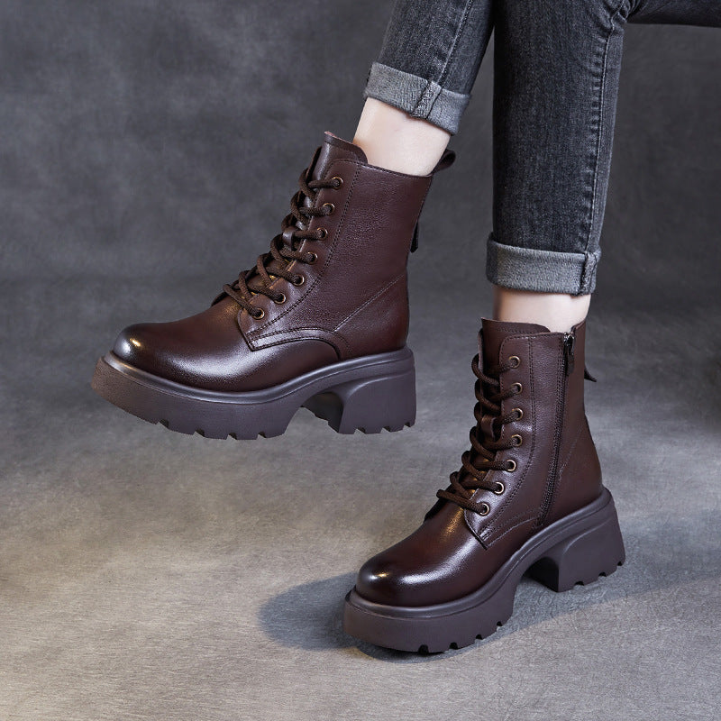 Bottes &agrave; plateforme d&eacute;contract&eacute;es pour femmes en cuir v&eacute;ritable &ndash; Talon &eacute;pais et fermeture &eacute;clair lat&eacute;rale