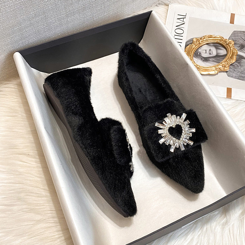 Damen-Loafer aus Kunstpelz, warmes Winterfleece, flache, spitze Strasssteine, Freizeitschuhe