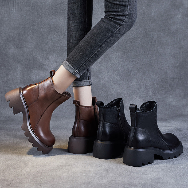 Bottines en cuir pour femme &ndash; Talon compens&eacute; mi-haut &eacute;pais avec fermeture &eacute;clair lat&eacute;rale