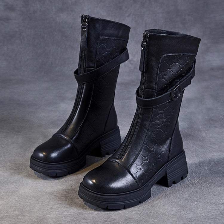 Bottes mi-mollet pour femme en cuir v&eacute;ritable emboss&eacute; &ndash; Talon compens&eacute; &eacute;pais avec boucle
