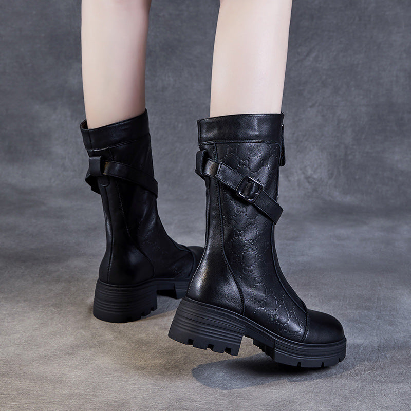 Bottes mi-mollet pour femme en cuir v&eacute;ritable emboss&eacute; &ndash; Talon compens&eacute; &eacute;pais avec boucle