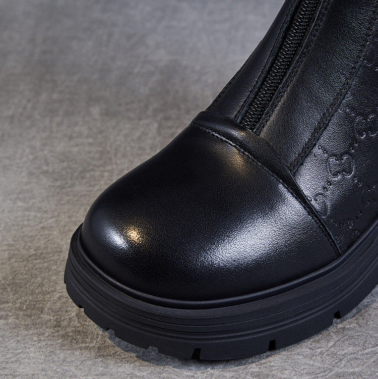 Bottes mi-mollet pour femme en cuir v&eacute;ritable emboss&eacute; &ndash; Talon compens&eacute; &eacute;pais avec boucle