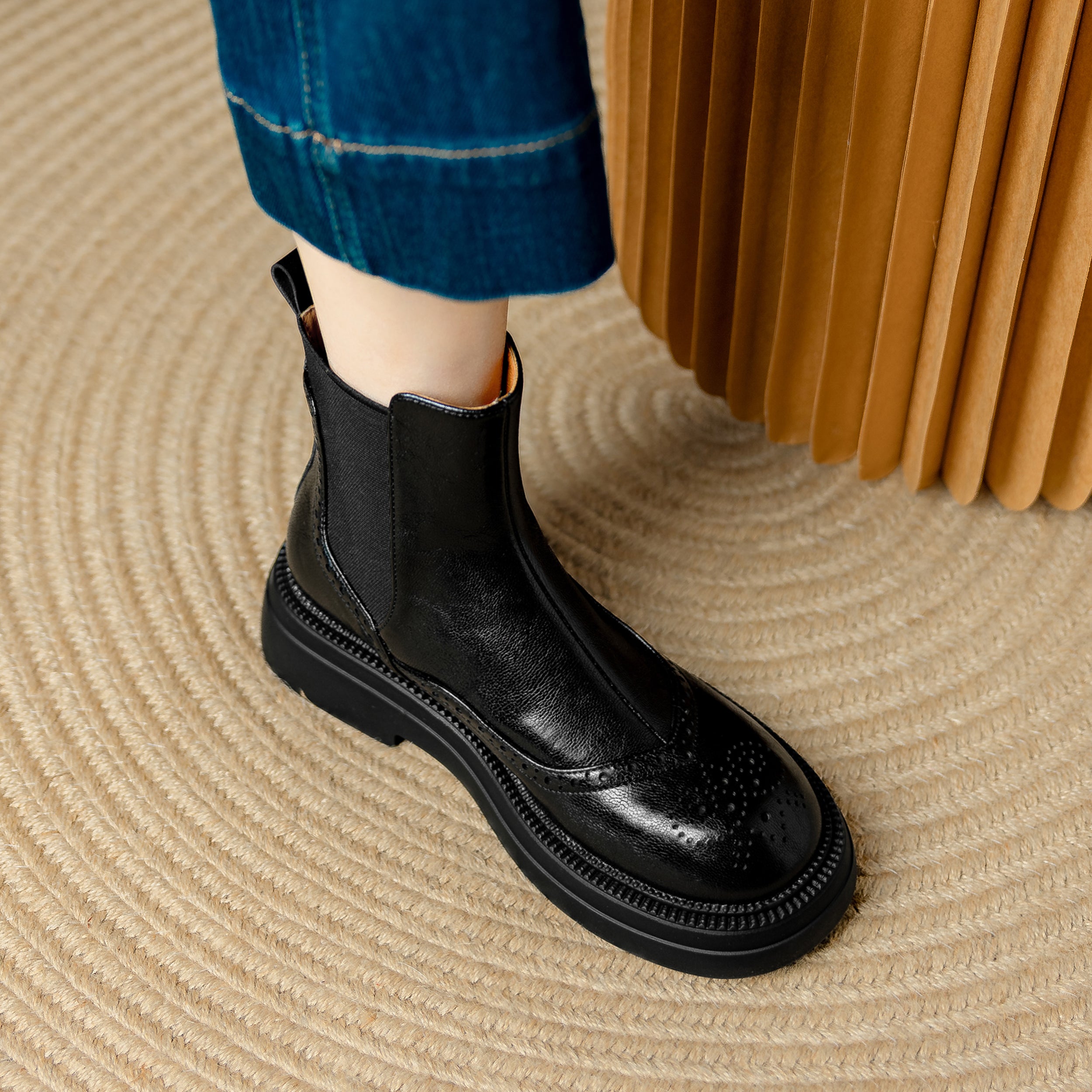 Bottines Chelsea &agrave; plateforme en cuir pour femme, style brogue, hauteur cheville