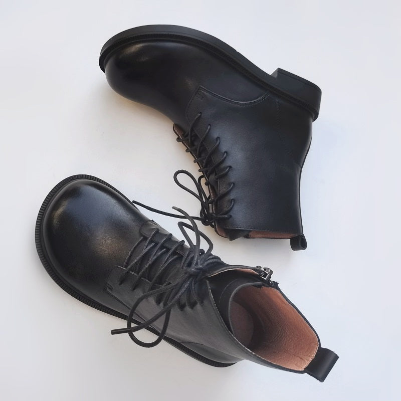 Bottines vintage pour femme, bout large, en cuir v&eacute;ritable &ndash; faites main, semelle souple, style britannique