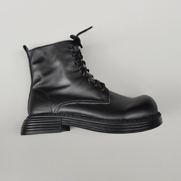 Bottines Martin &agrave; bout large en cuir v&eacute;ritable pour femmes &ndash; Fermeture &agrave; lacets et &agrave; fermeture &eacute;clair