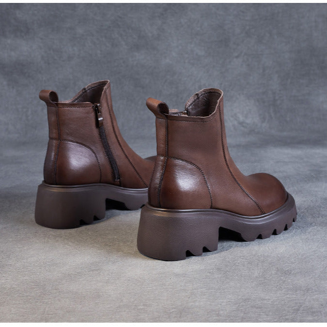 Bottines en cuir pour femme &ndash; Talon compens&eacute; mi-haut &eacute;pais avec fermeture &eacute;clair lat&eacute;rale