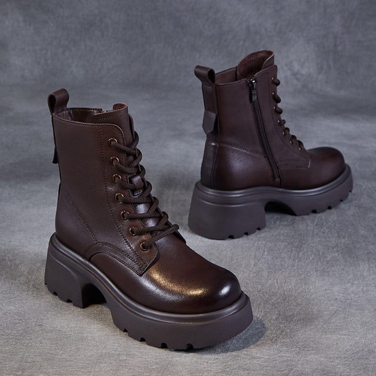 Bottes &agrave; plateforme d&eacute;contract&eacute;es pour femmes en cuir v&eacute;ritable &ndash; Talon &eacute;pais et fermeture &eacute;clair lat&eacute;rale
