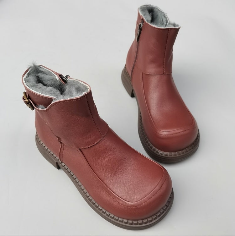 Bottines Derby vintage pour femmes, bout large, en cuir &ndash; Bottines d'hiver doubl&eacute;es en peau lain&eacute;e