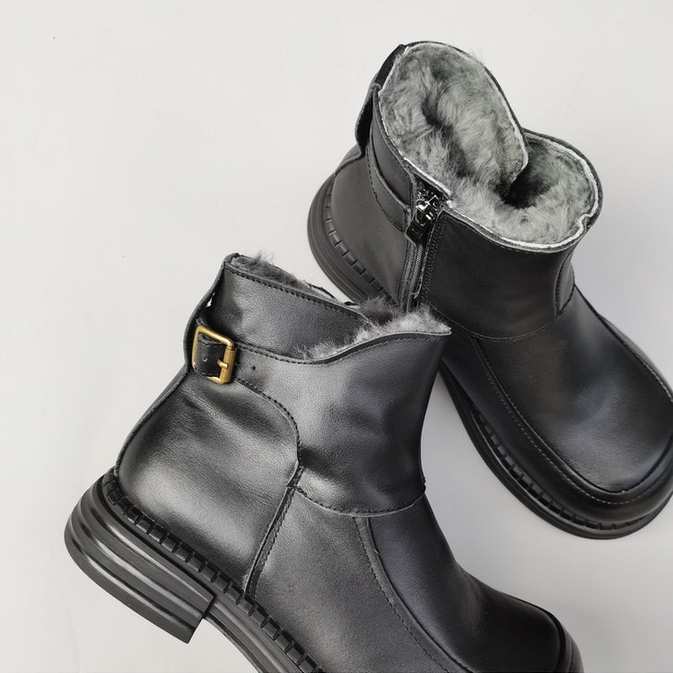 Bottines Derby vintage pour femmes, bout large, en cuir &ndash; Bottines d'hiver doubl&eacute;es en peau lain&eacute;e