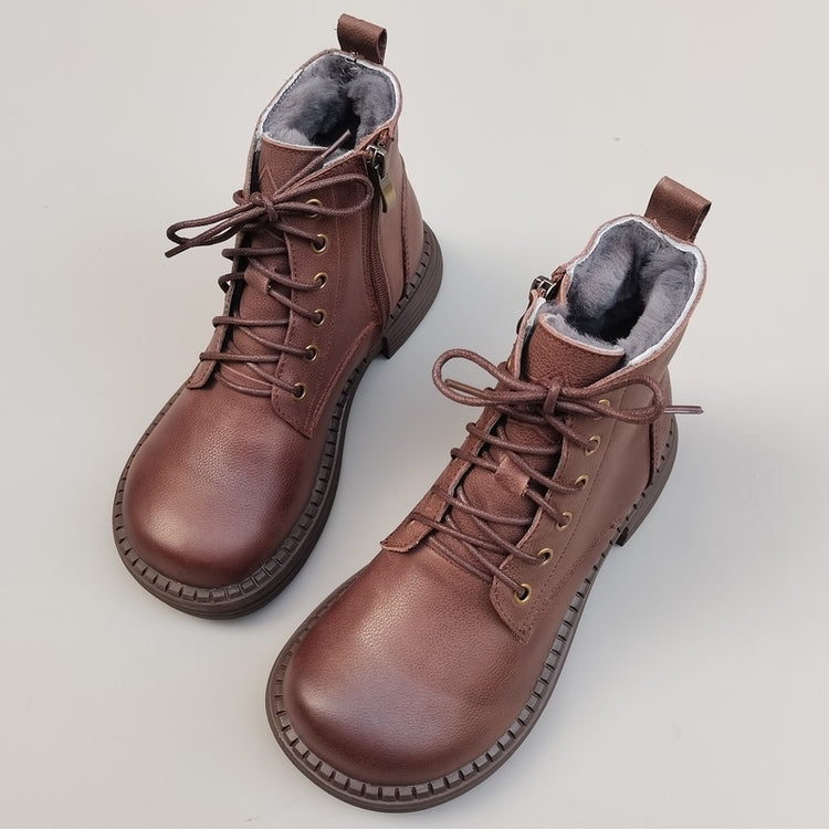Bottes vintage pour femmes, bout large, en cuir et peau lain&eacute;e &ndash; Style hivernal confortable &agrave; la cheville