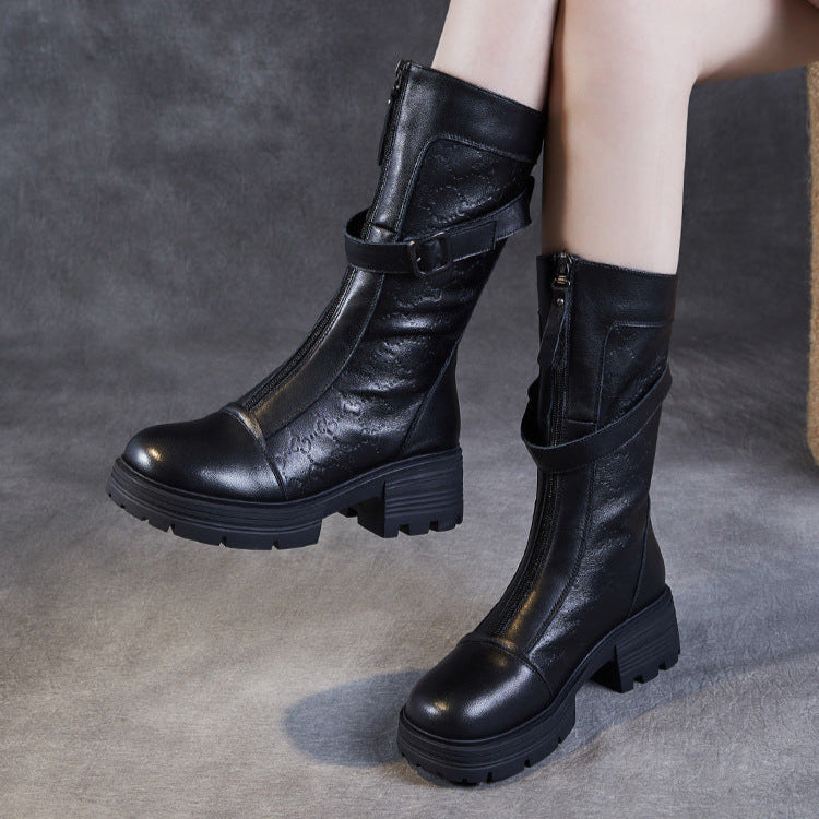 Bottes mi-mollet pour femme en cuir v&eacute;ritable emboss&eacute; &ndash; Talon compens&eacute; &eacute;pais avec boucle