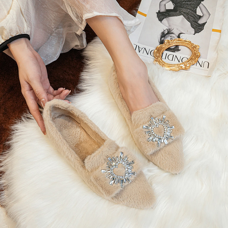 Damen-Loafer aus Kunstpelz, warmes Winterfleece, flache, spitze Strasssteine, Freizeitschuhe
