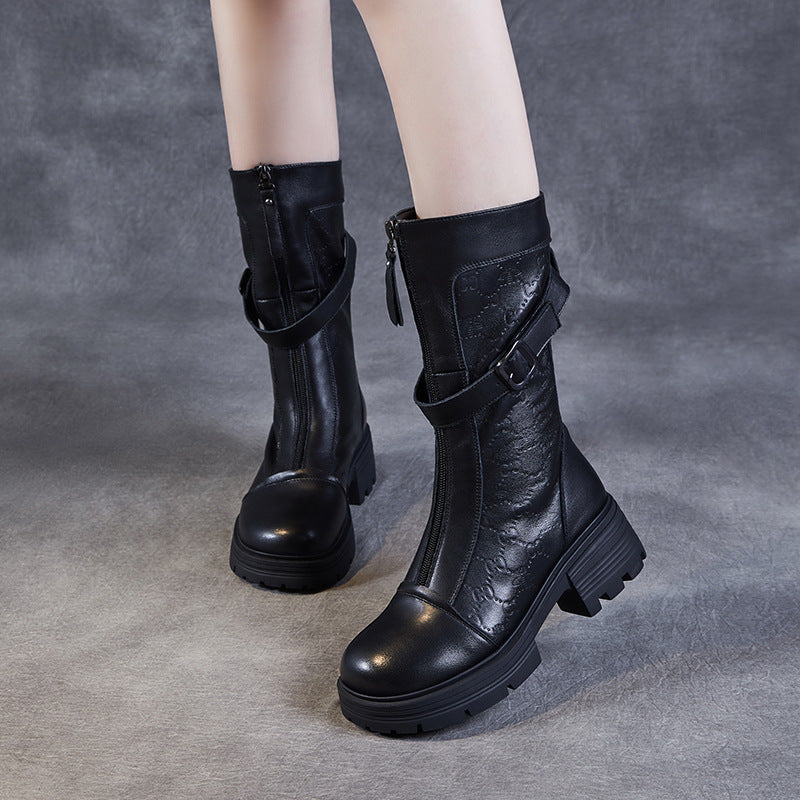 Bottes mi-mollet pour femme en cuir v&eacute;ritable emboss&eacute; &ndash; Talon compens&eacute; &eacute;pais avec boucle