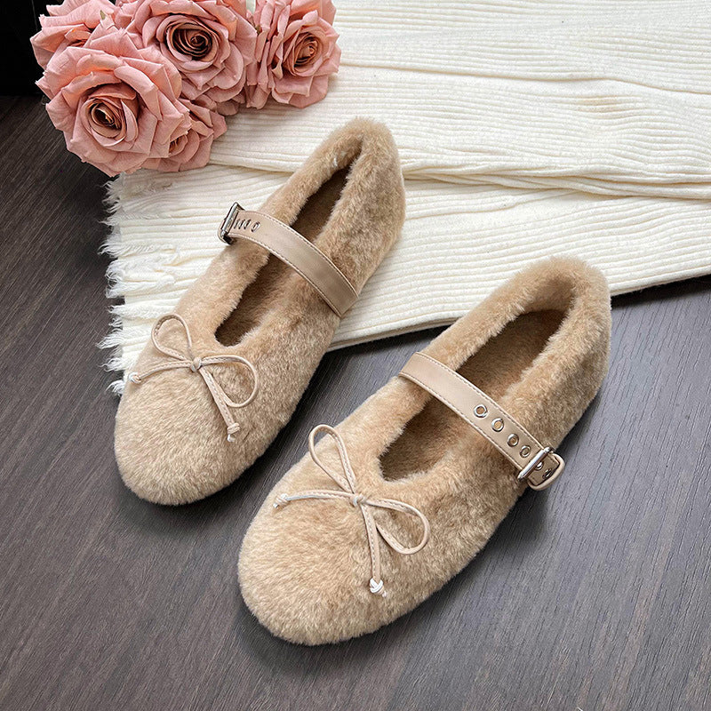 Mary-Jane-Slipper mit Kunstpelz, Schleife und integrierter Absatzverst&auml;rkung &ndash; Damenschuhe f&uuml;r den Winter