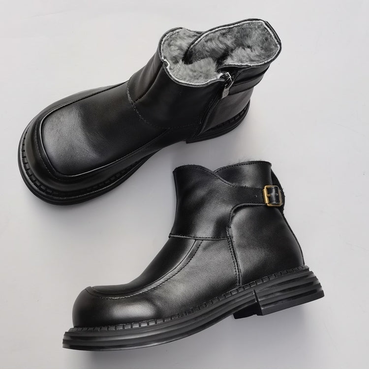 Bottines Derby vintage pour femmes, bout large, en cuir &ndash; Bottines d'hiver doubl&eacute;es en peau lain&eacute;e