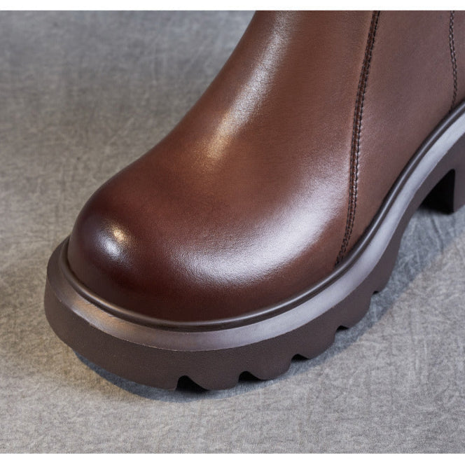 Bottines en cuir pour femme &ndash; Talon compens&eacute; mi-haut &eacute;pais avec fermeture &eacute;clair lat&eacute;rale