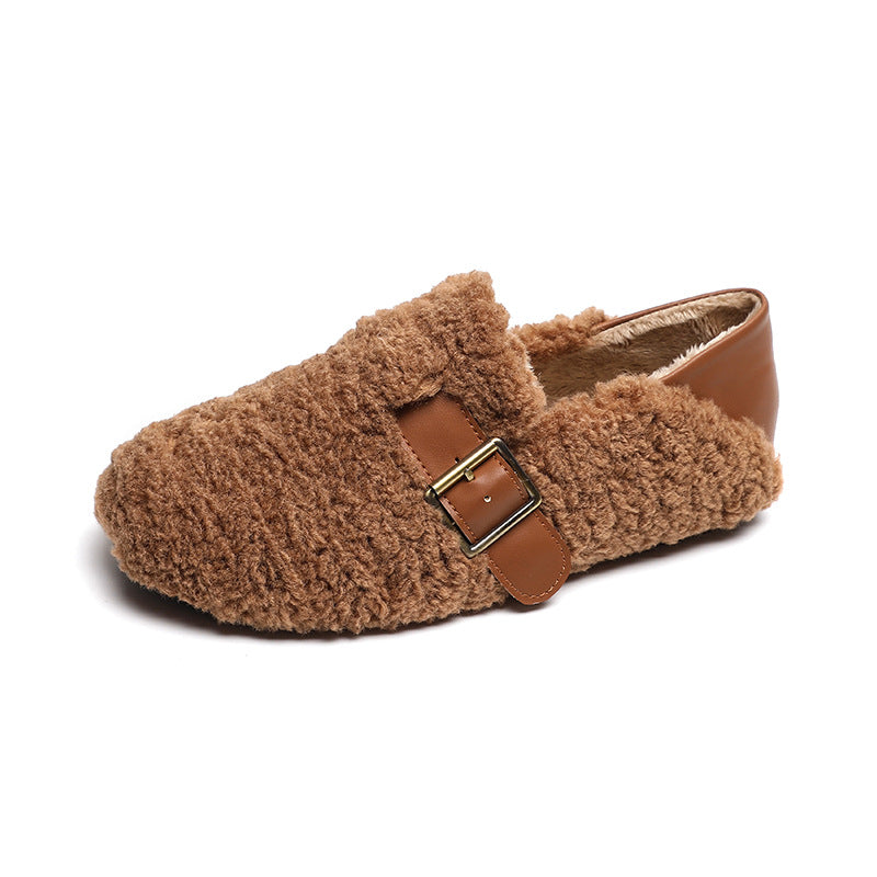Damen-Loafer aus Kunstpelz, warmes Winterfleece, flache Metallschnallen, Freizeitschuhe