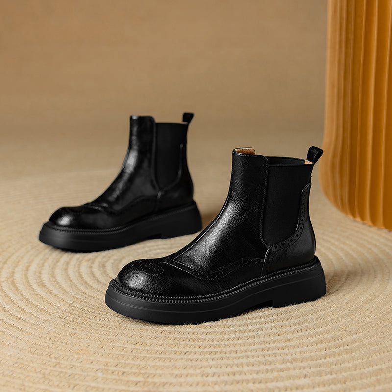 Bottines Chelsea &agrave; plateforme en cuir pour femme, style brogue, hauteur cheville
